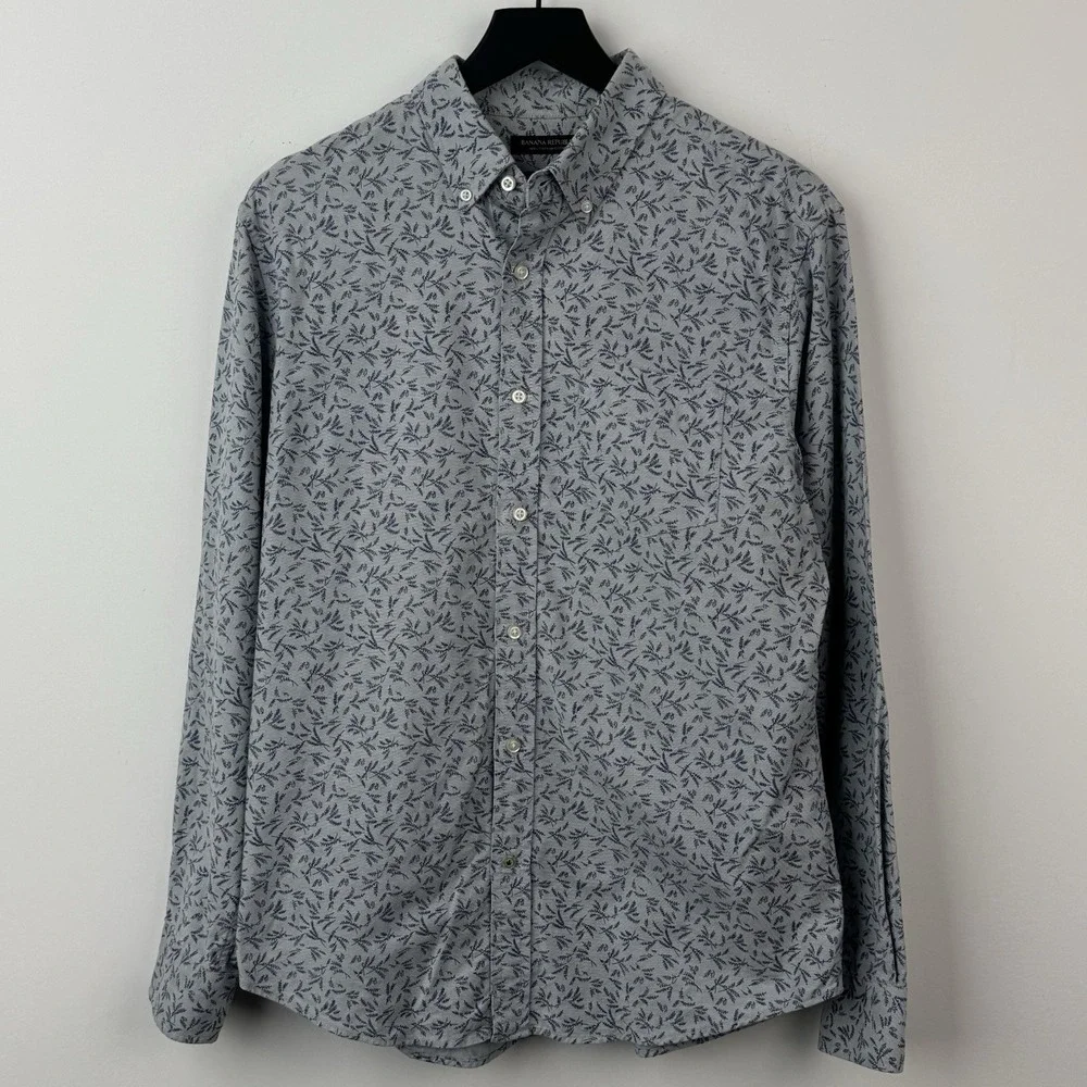 Banana Republic Button Down Shirt Mens M Gray Leaf Floral Oxford Long Sleeve